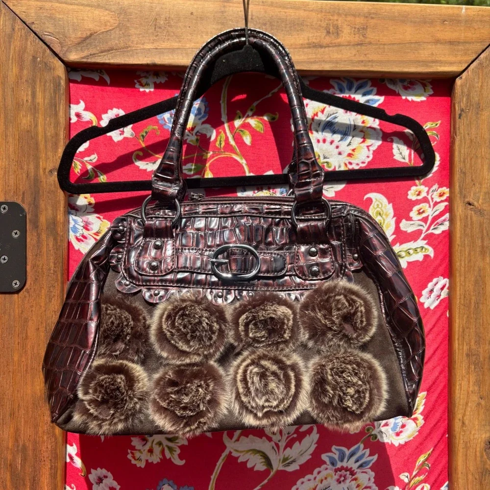 Y2K Embossed Croc Faux Leather Faux Fur Rosebud Buckle Shoulder Bag
